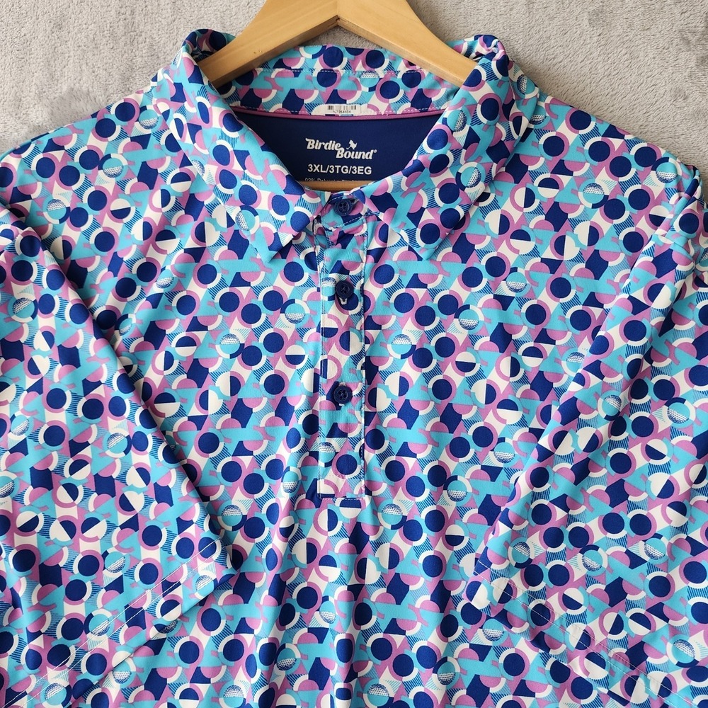 Birdie Bound Polo Shirt Mens Size 3XL Golf Ball Print Blue Stretch Sun Protect